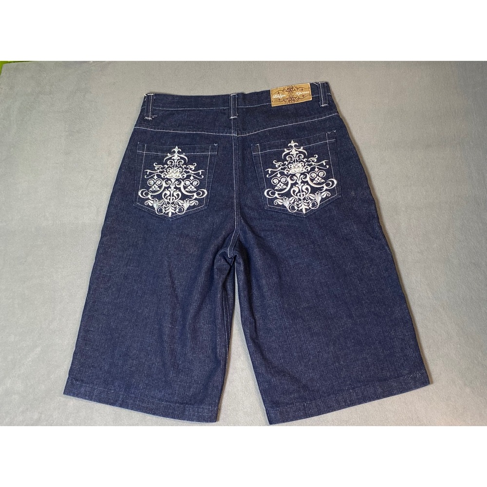 Bklyn Xpress Men's Wide Leg Denim Shots Jorts Embroidered Back Pockets EUC
